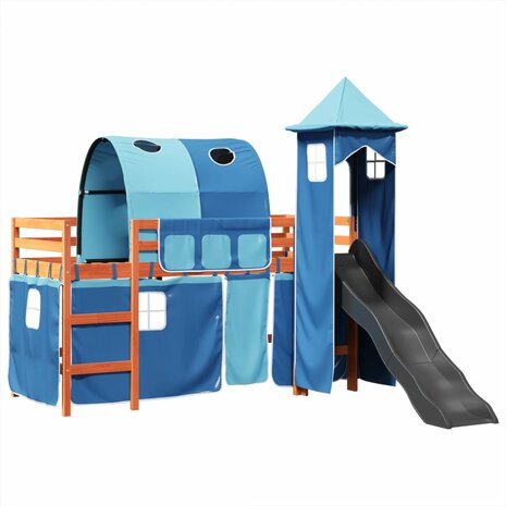 Kinderhoogslaper met toren 90x200 cm massief grenenhout blauw 2