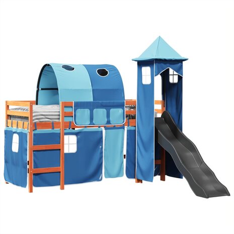 Kinderhoogslaper met toren 90x200 cm massief grenenhout blauw 4