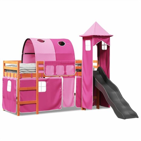 Kinderhoogslaper met toren 90x200 cm massief grenenhout roze 3