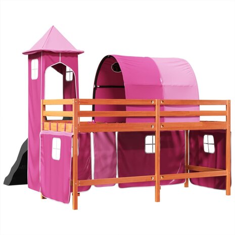 Kinderhoogslaper met toren 90x200 cm massief grenenhout roze 10