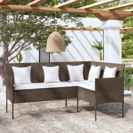 Loungebank met kussens L-vormig poly rattan bruin 1