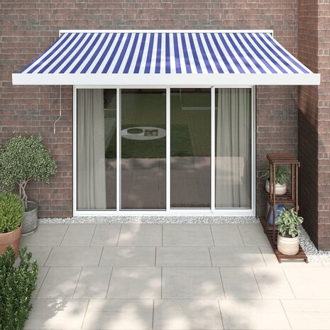 Luifel uittrekbaar 3x2,5 m stof en aluminium blauw en wit 1