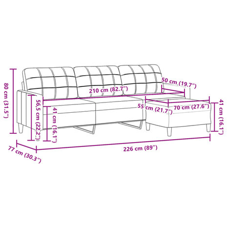 Driezitsbank met voetenbank 210 cm stof zwart 7