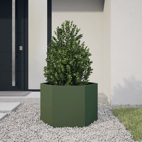 Plantenbak zeshoek 69x60x45 cm staal olijfgroen 1