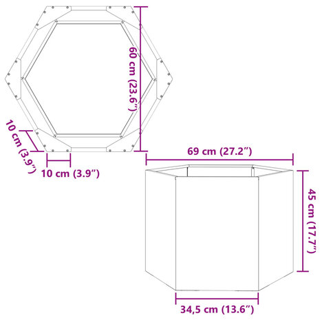 Plantenbak zeshoek 69x60x45 cm cortenstaal 11