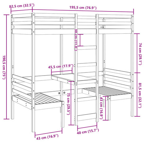 Hoogslaper met bureau en stoelen massief grenenhout 75x190 cm 10