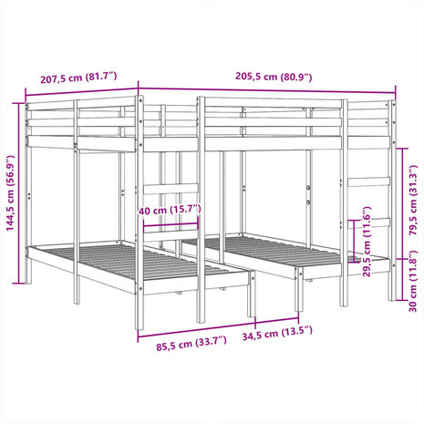 Stapelbed 3-voudig massief grenenhout 140x200/70x140 cm 10