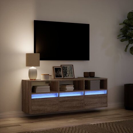 Tv-wandmeubel met LED-verlichting 130x31x45 cm bruin eikenkleur 5