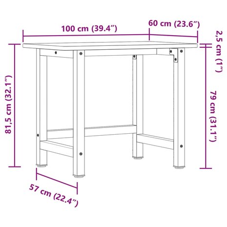 Werkbank rechthoek 100x60x81,5 cm massief eikenhout lichtbruin 11