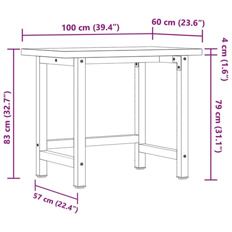 Werkbank rechthoekig 100x60x83 cm massief acaciahout 11