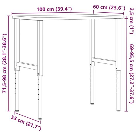 Werkbank rechthoekig 100x60x(71,5-98) cm massief eikenhout 12