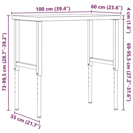 Werkbank rechthoekig 100x60x(73-99,5) cm massief acaciahout 12