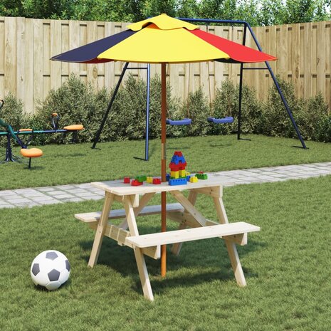 Picknicktafel voor 4 kinderen met parasol massief vurenhout 1