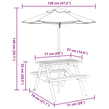 Picknicktafel voor 4 kinderen met parasol massief vurenhout 11