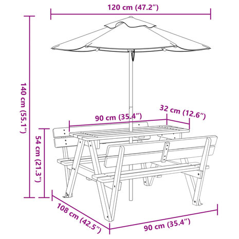 Picknicktafel voor 4 kinderen met parasol massief vurenhout 11