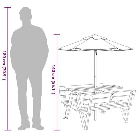 Picknicktafel voor 4 kinderen met parasol massief vurenhout 12