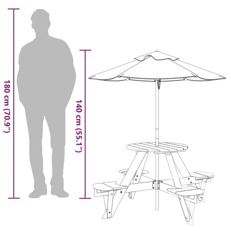 Picknicktafel voor 4 kinderen met parasol rond vurenhout 12