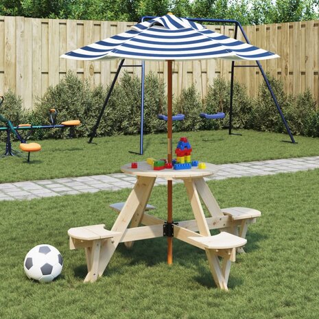 Picknicktafel voor 4 kinderen met parasol rond vurenhout 1