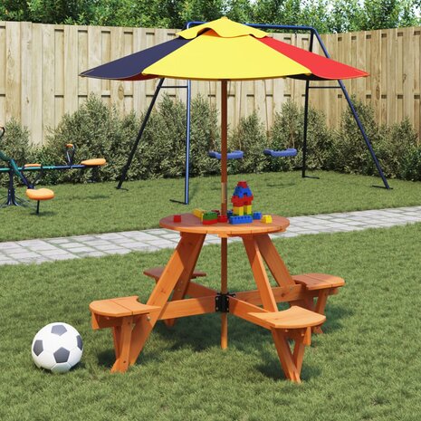 Picknicktafel voor 4 kinderen met parasol rond vurenhout 1