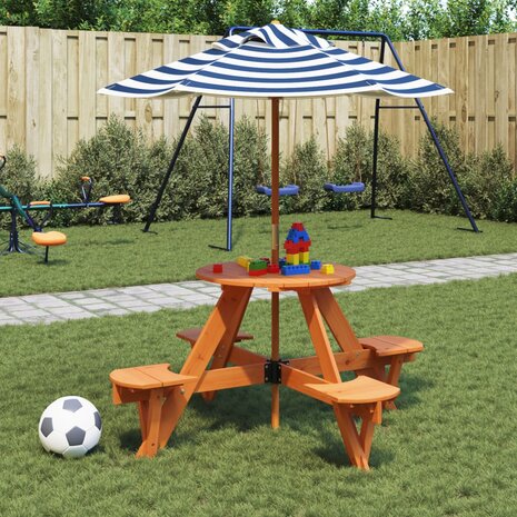 Picknicktafel voor 4 kinderen met parasol rond vurenhout 1