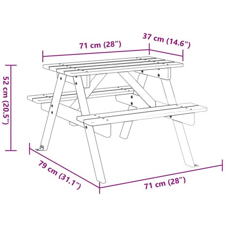 Picknicktafel voor 4 kinderen met parasolgat massief vurenhout 8