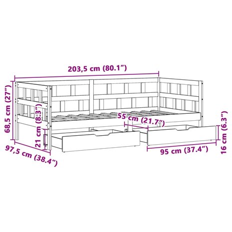 Slaapbank met lades 90x200 cm massief grenenhout 12