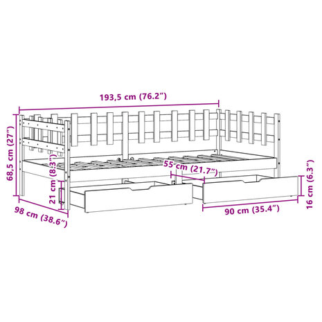 Slaapbank met lades 90x190 cm massief grenenhout 12