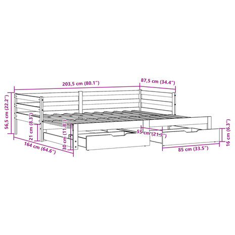 Slaapbank met onderschuifbed en lades 80x200 cm grenenhout wit 12