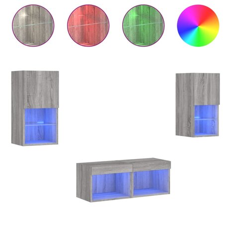 4-delige tv-wandmeubelset met LED-verlichting grijs sonoma 2