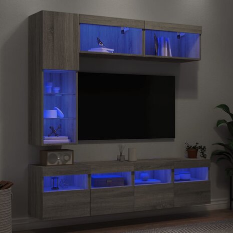 7-delige Tv-wandmeubelset met LED-verlichting grijs sonoma 1