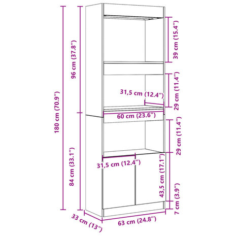 Hoge kast 63x33x180 cm bewerkt hout wit 12