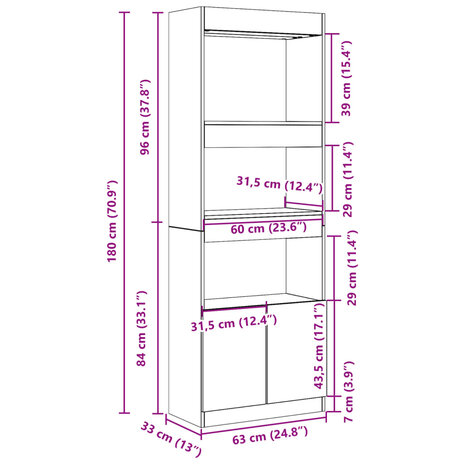 Hoge kast 63x33x180 cm bewerkt hout zwart 12