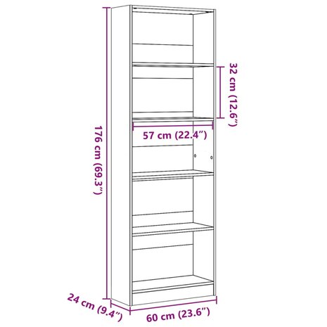 Boekenkast 60x24x176 cm bewerkt hout zwart 9