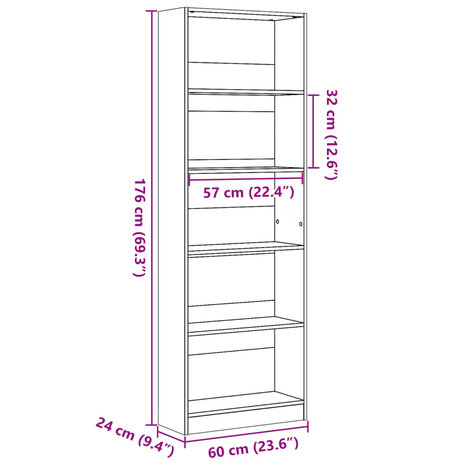 Boekenkast 60x24x176 cm bewerkt hout gerookt eikenkleurig 9