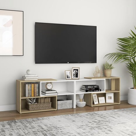 Tv-meubel 149x30x52 cm bewerkt hout wit en sonoma eikenkleurig 1