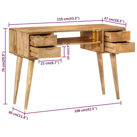 Bureau met lades 110x47x76 cm massief mangohout 10