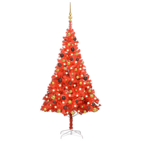 Kunstkerstboom met verlichting en kerstballen 150 cm PVC rood 1