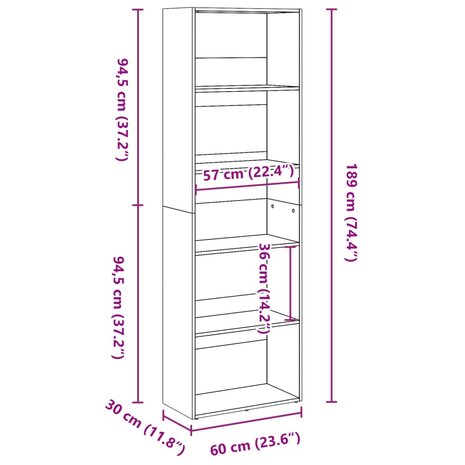 Boekenkast 60x30x189 cm bewerkt hout grijs sonoma eikenkleurig 9