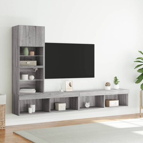 4-delige Tv-wandmeubelset met LED bewerkt hout grijs sonoma 4