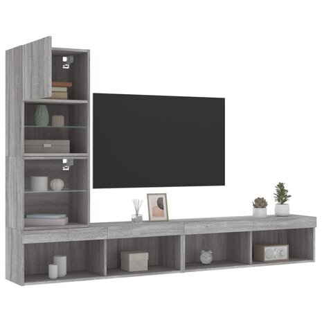 4-delige Tv-wandmeubelset met LED bewerkt hout grijs sonoma 5