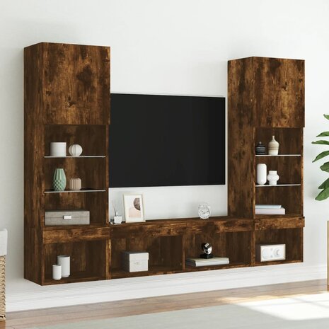 5-delige tv-wandmeubelset met LED bewerkt hout gerookt eiken 4