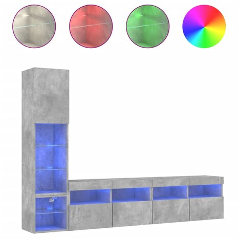 4-delige Tv-wandmeubelset met LED bewerkt hout betongrijs 2