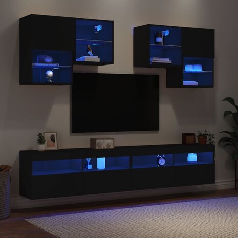 6-delige Tv-wandmeubelset met LED-verlichting zwart 1