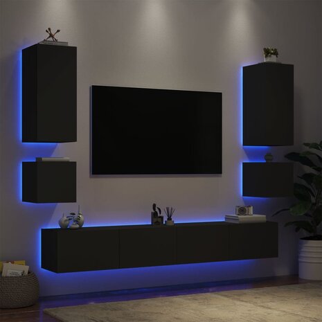 6-delige tv-wandmeubelset met LED-verlichting zwart 1