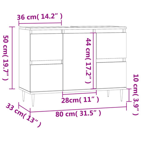 Badkamerkast 80x33x60 cm bewerkt hout grijs sonoma eikenkleurig 11