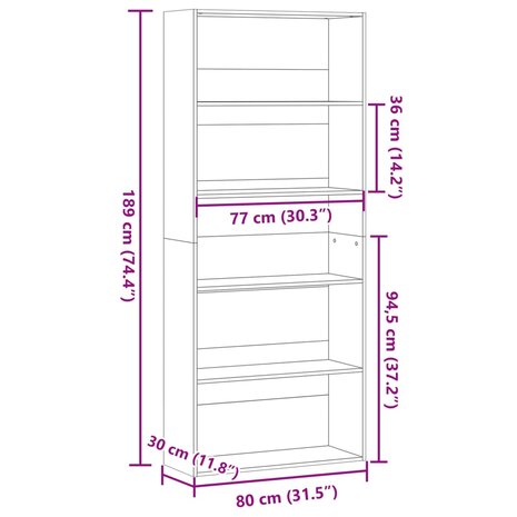 Boekenkast 80x30x189 cm bewerkt hout oud houtkleurig 9