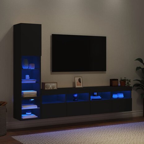 7-delige tv-wandmeubelset met LED bewerkt hout zwart 1