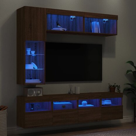 7-delige Tv-wandmeubelset met LED-verlichting bruin eikenkleur 1