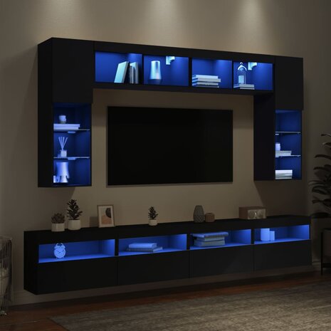 8-delige Tv-wandmeubelset met LED-verlichting zwart 1