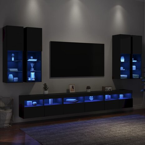 7-delige Tv-wandmeubelset met LED-verlichting zwart 1